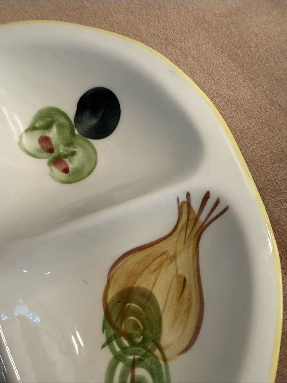 Hand-Painted Ceramic Divided Serving Platter in White with Multicolor Food Motif